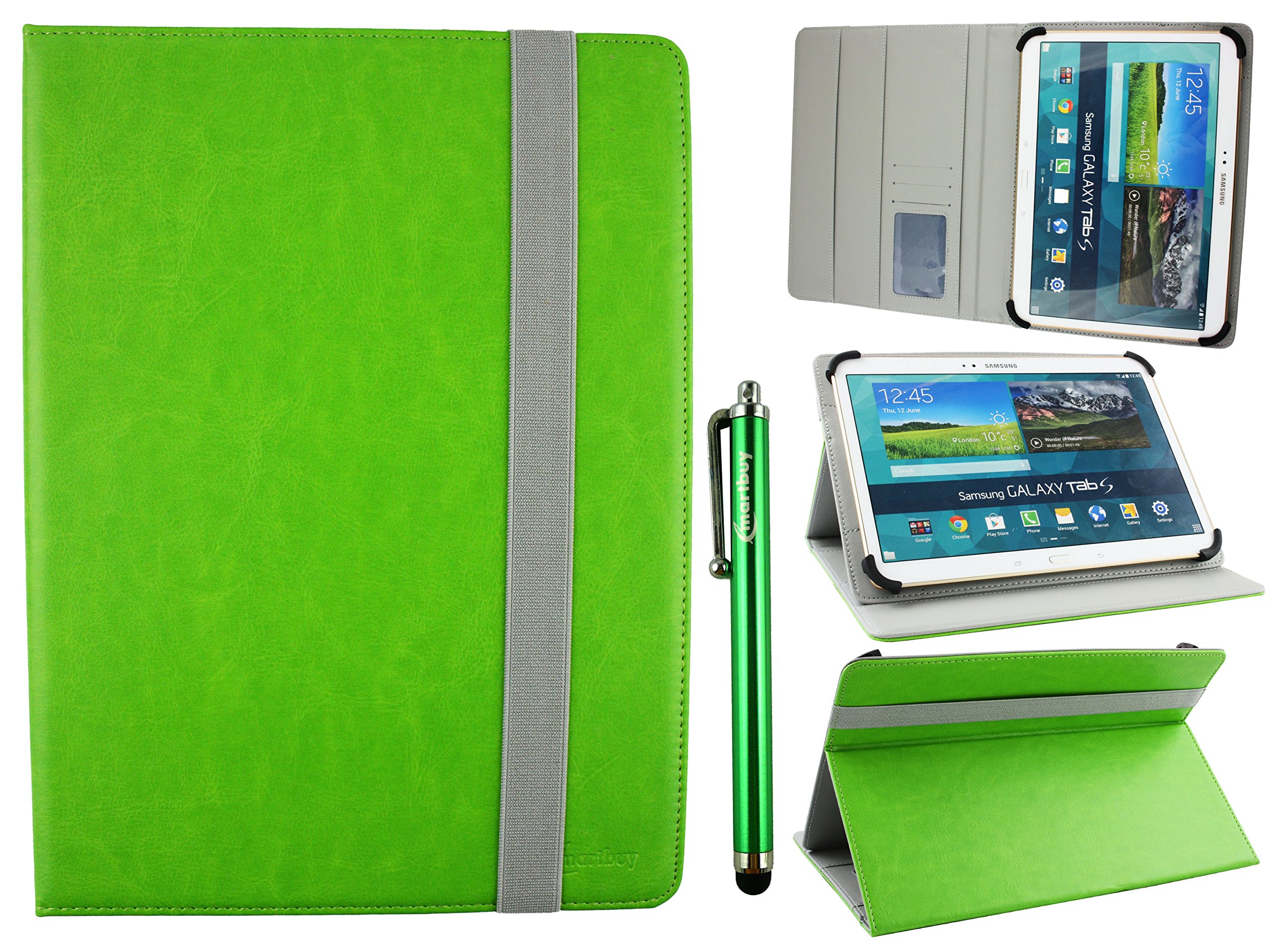 Emartbuy Universal 9.1 Inch - 10.5 Inch Green Multi Angle Folio Wallet Case Cover With Card Slots Grey Elastic Strap and Stylus Pen Compatible With Selected Devices Listed Below