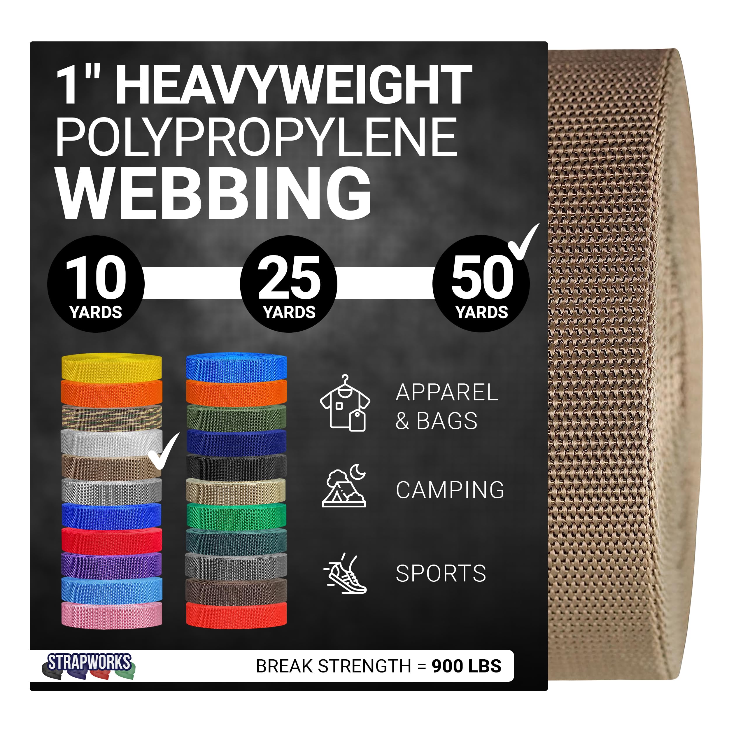Strapworks Heavyweight Polypropylene Webbing - Heavy Duty Poly Strapping for Outdoor DIY Gear Repair, 1 Inch x 50 Yards - Tan