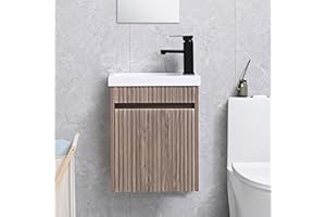 USBATHJOY 16" Bathroom Vanity W/Sink Combo for Small Space, Wall Mounted Bathroom Cabinet Set with White Resin Basin Sink Top Black Faucet Pop Up Drain Natural