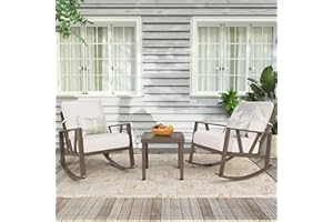 COMLAX FIELD Patio Porch Furniture Set, Outdoor Rocking Chairs Set of 2 with Coffee Table, 3 Piece Metal Outdoor Patio Bistro Conversation Set, Beige