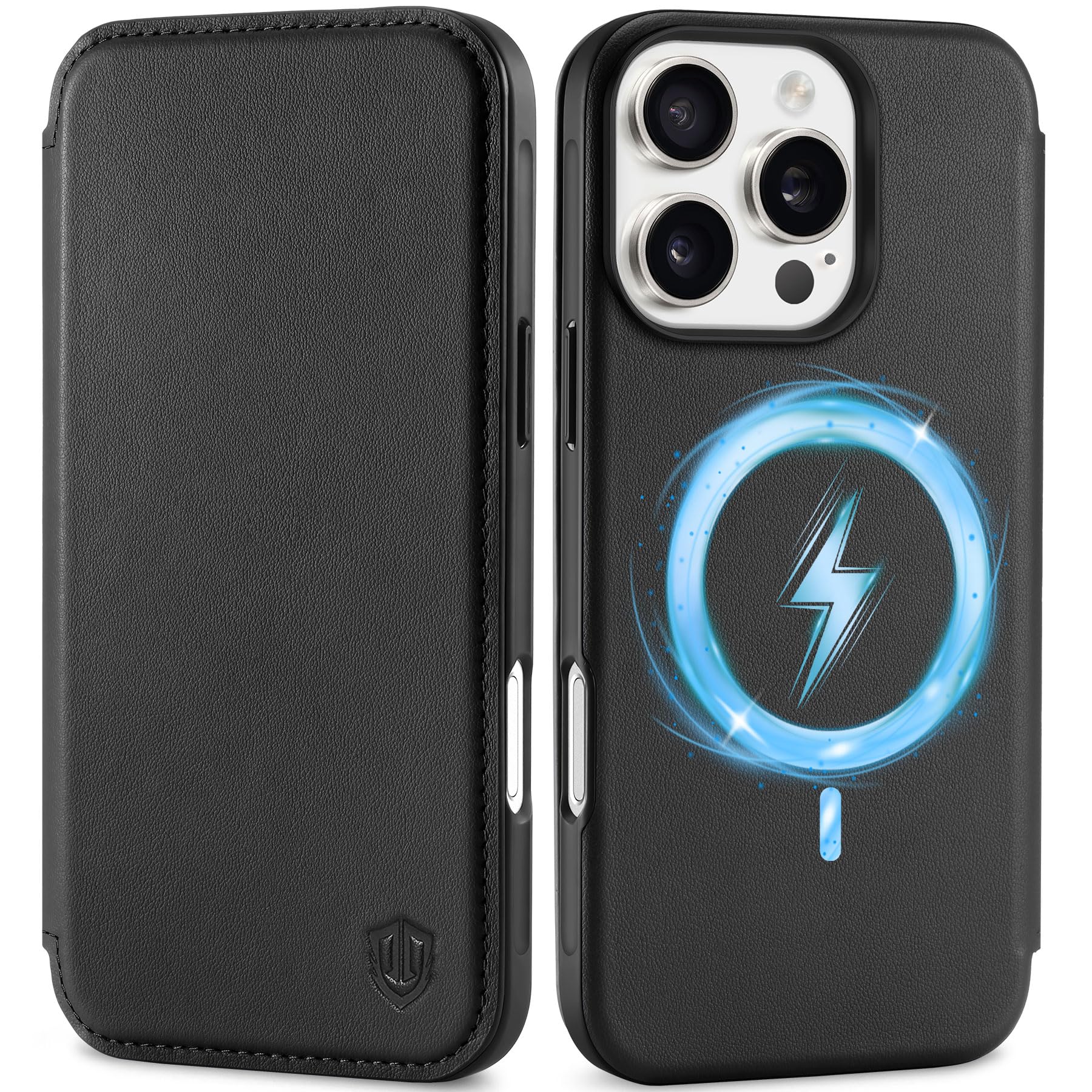 SHIELDON Case for iPhone 16 Pro 5G 6.3", Genuine Leather Slim Thin Wallet Case [Card Holder][RFID Blocking] Shockproof Magnetic Wireless Charging Cover Compatible with iPhone 16 Pro 2024 - Black
