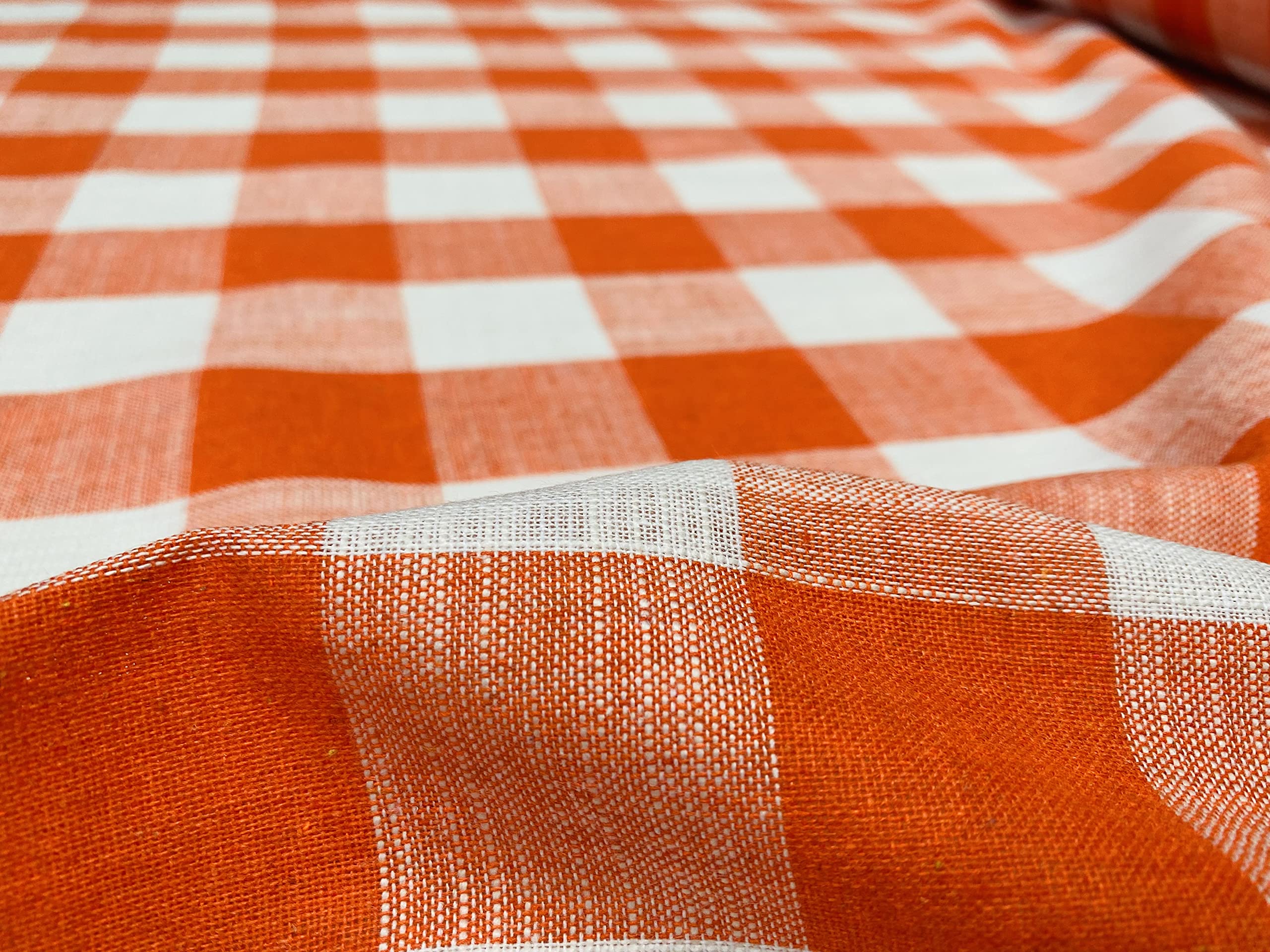 Gingham Linen Checked Fabric Check Material Buffalo Plaid - Dressmaking, Curtains, Home Furnishing - 140cm Wide (Orange & White, 2 METRES)
