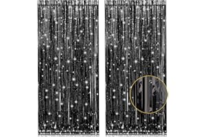 PIGETALE 2 Pack 3.2ft x 8.2ft Black Tinsel Foil Fringe Curtains, Metallic Foil Tinsel Photo Booth Backdrop Streamer for New Years Decorations Halloween Bachelorette Birthday Holiday Celebration Party Supplies