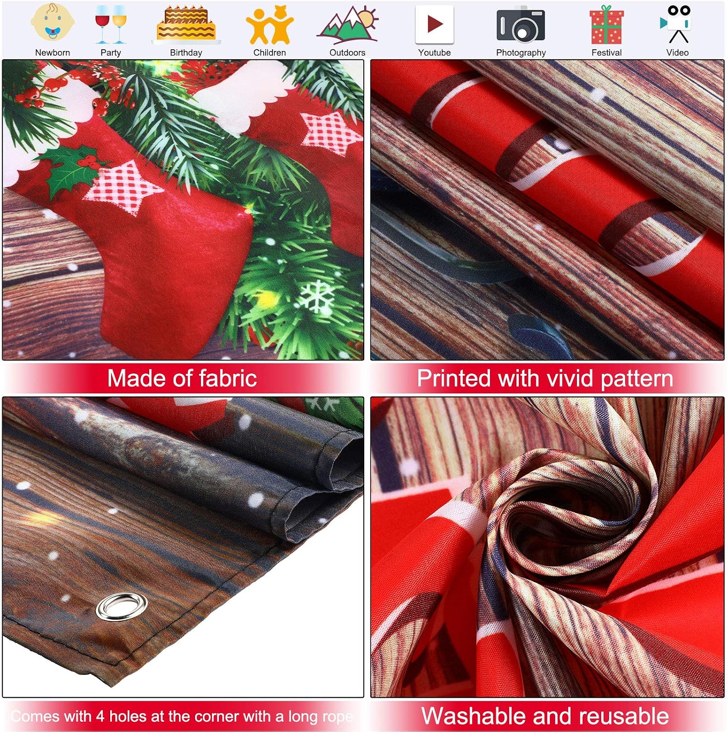 Christmas Party Supplies Merry Christmas Door Cover Fabric Glitter Wood Background Christmas Stocking Backdrop Background Banner for Photo Booth Props New Year Party Decorations 70.9 x 35.4 Inches - Image 4