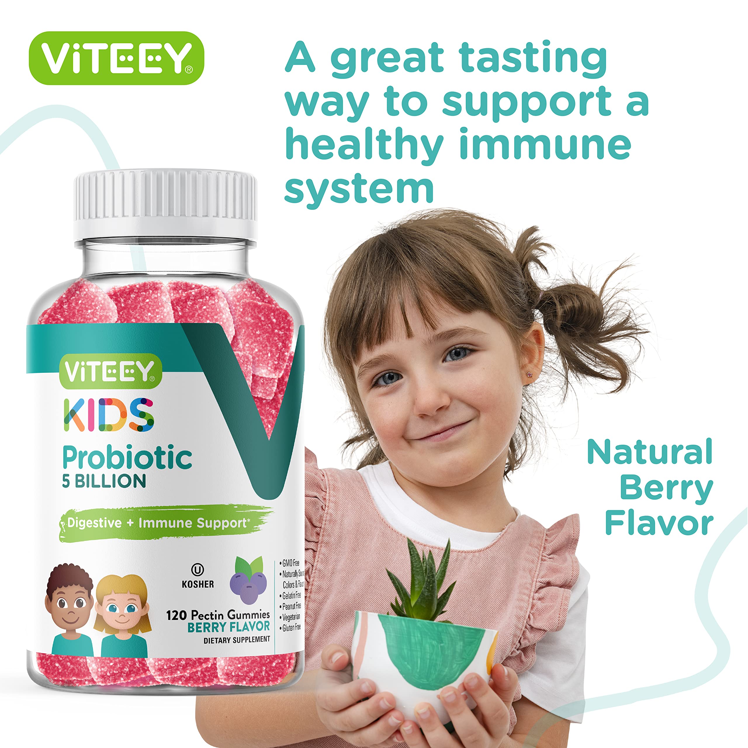 Probiotic Gummies for Kids - 5 Billion CFUs - Probiotics Kids Constipation Relief, Natural Immune & Digestive Health Support - Vegetarian, Gelatin Free, GMO Free - Tasty Chewable Berry Flavored Gummy