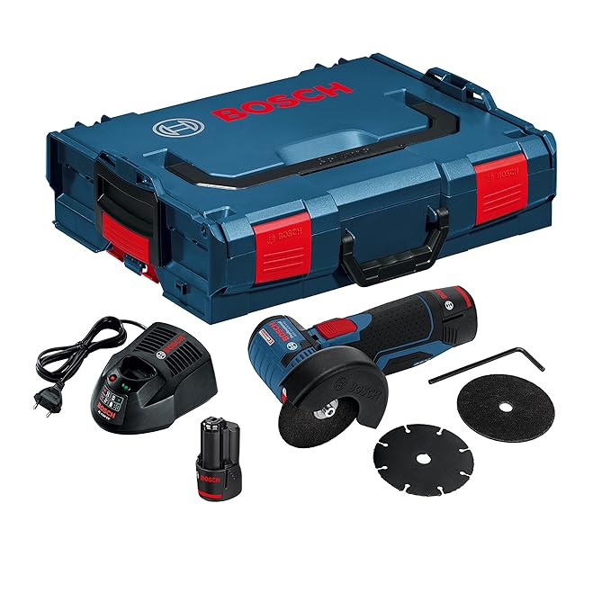 Bosch Professional Winkelschleifer GWS 12V-76 (2x 2,5 Ah Akku, Ladegerät, L-BOXX, 12 Volt, 2 x Trennscheibe, Scheiben-Ø: 76 m