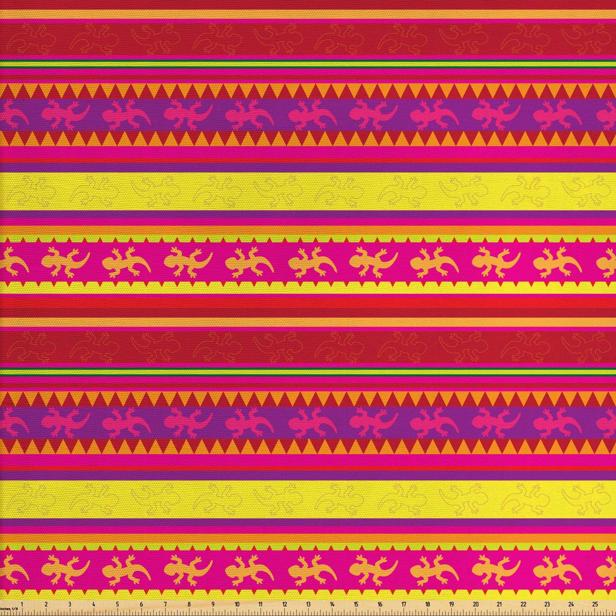 Ambesonne Mexican Fabric by The Yard, Vibrant Colored Striped Pattern with Abstract Lizard Animal Folk Borders, Decorative Fabric for Upholstery and Home Accents, 3 Yards, Red Purple