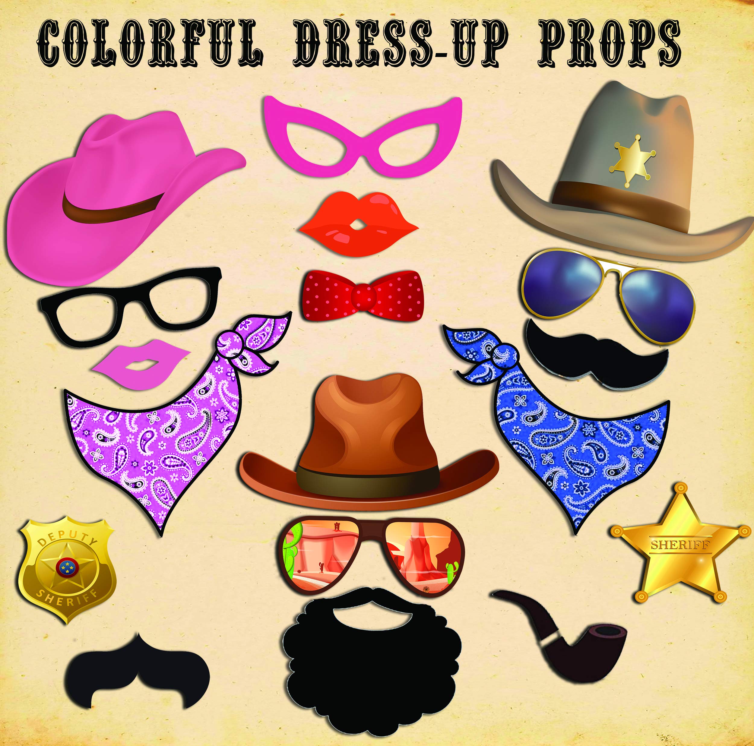 Western Photo Booth Props - Ultimate Cowgirl/Cowboy Party Decorations for Decorating Walls, Doors, Tables - 42 Large Colorful Photo Props Complete with Glue Dots and Bamboo Rods by Scapa Pro