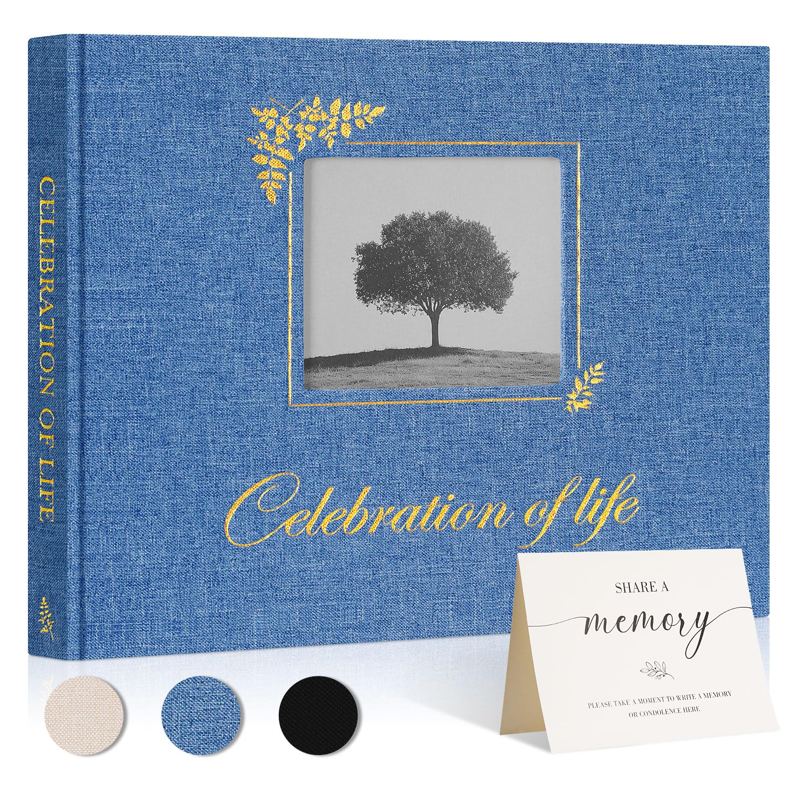 Photo 1 of Lanpn Funeral Guest Book for Memorial Service, Linen Celebration of Life Registry Guest Book with Open Window, Memory Book for Funeral with Table Sign, Funeral Favors Sign in Books for Guests, Blue