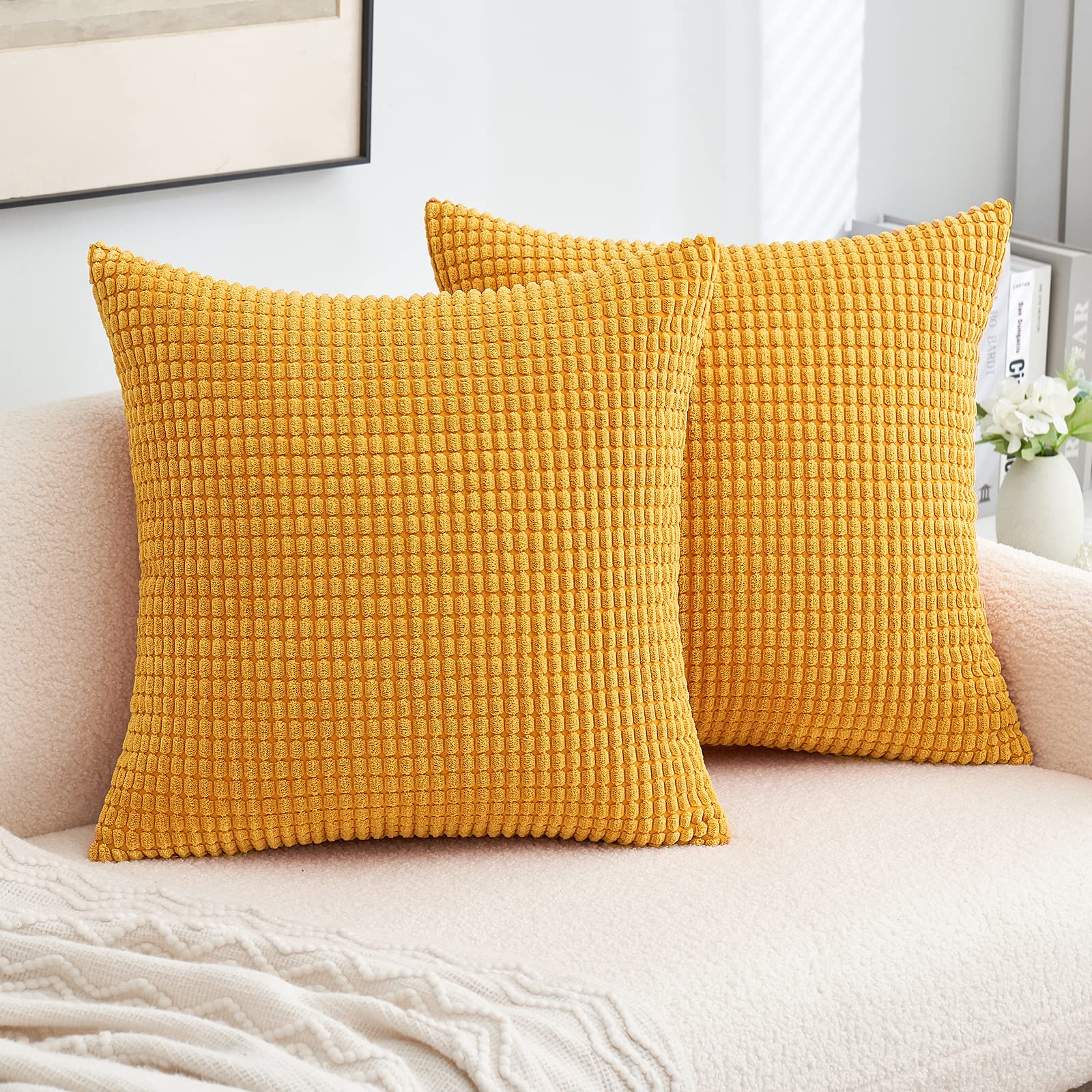 MIULEE Set of 2 Decorative Corduroy Cushion Covers 16x16 Inches, 40x40 cm Striped Solid Rectangle Throw Pillow Cases for Sofa Couch Home Bedroom Turmeric — image 1
