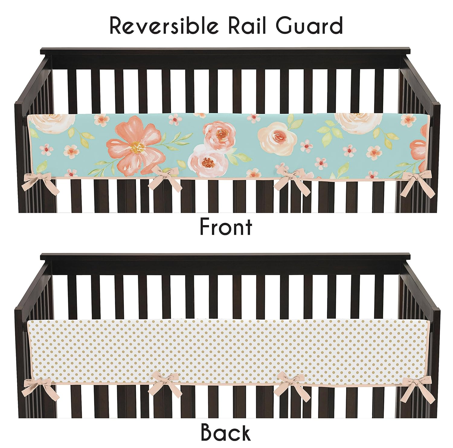 Sweet Jojo Designs Turquoise, Peach and Gold Long Front Crib Rail Guard Baby Teething Cover Protector Wrap for Watercolor Floral Collection - Pink Rose Flower Polka Dot