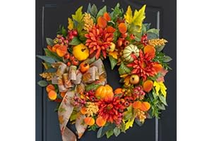 PURECOSY Fall Wreaths for Front Door 24 Inch Autumn Wreath with Artificial Pomegranates, Sunflowers and Berries Fall Door Wreath for Outdoor or Indoor Use, Autumn Wreaths for Front Door