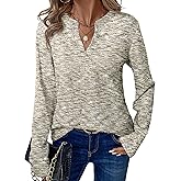 DERAX Womens Long Sleeve Waffle Knit Tops Fall Henley V Neck Shirts Dressy Casual 2026 Spring Blouses