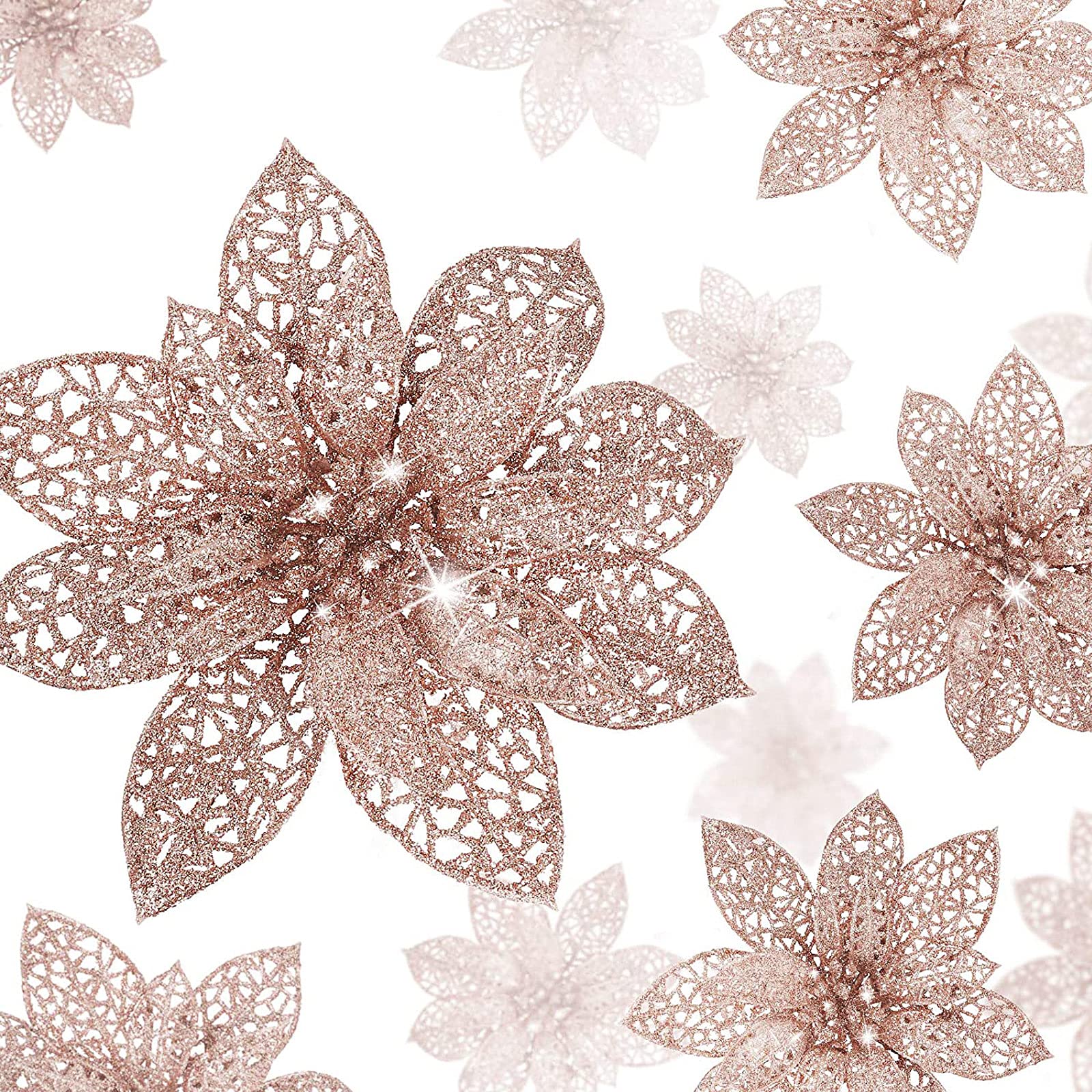 24 Pieces Glitter Poinsettia Christmas Tree Ornament Christmas Flowers Decor Ornament, 3/4/6 Inches (Rose Gold) — image 1