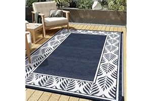 HUGEAR Outdoor Plastic Straw Rug, Waterproof Mat, Washable Large Floor Mat and Rug for Outdoors, RV, Beach, Patio, Camping, Backyard, Deck, Picnic, Outside (6x9ft,Olive-Leaf/Dark Blue&White)