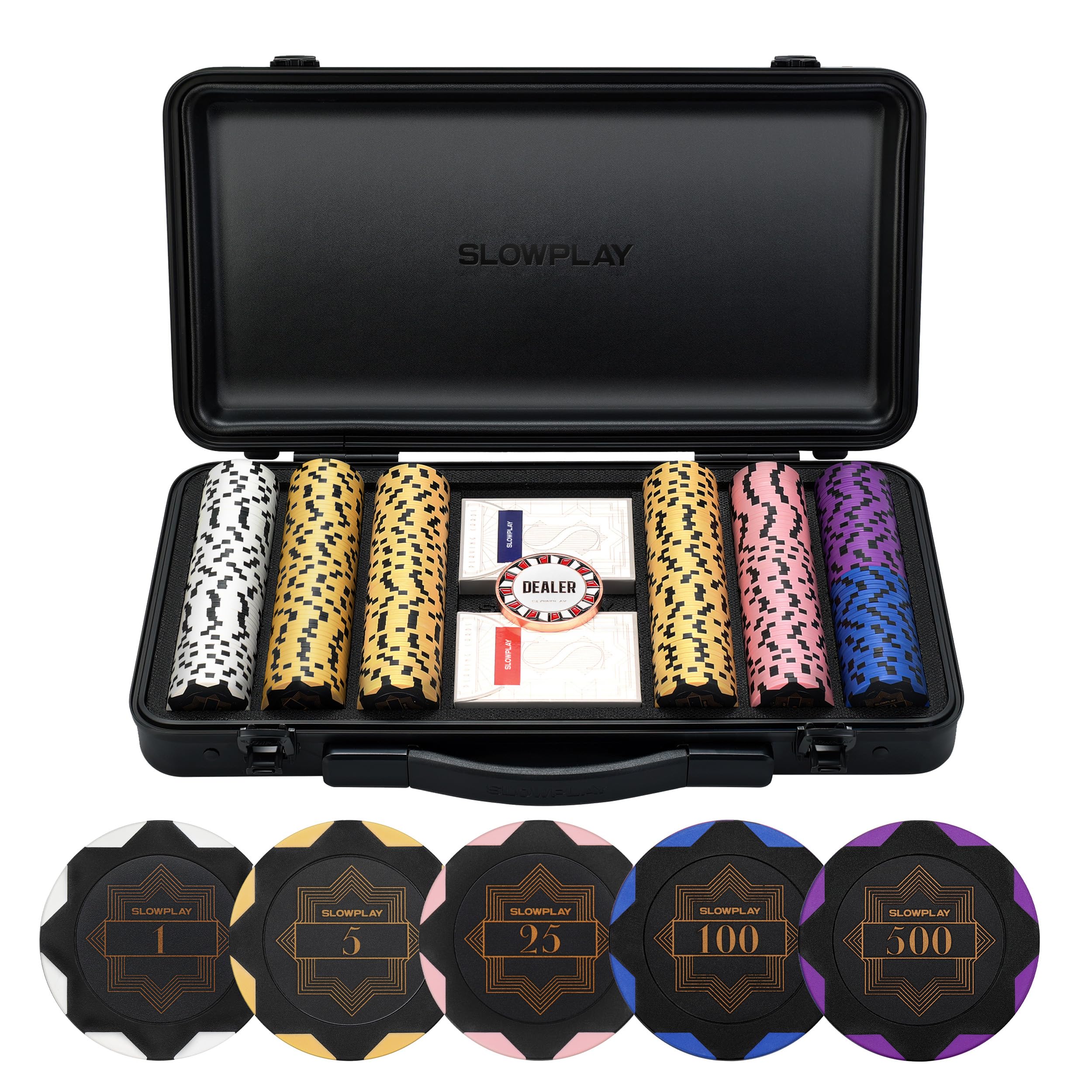 SLOWPLAY Nash 14g Clay Poker Chip Set Black Gold Edition– 300PCS Full Set for Texas Hold’em | Numbered Chips: 1, 5, 25, 100, 500 | Premium Case with Durable German Polycarbonate Shell