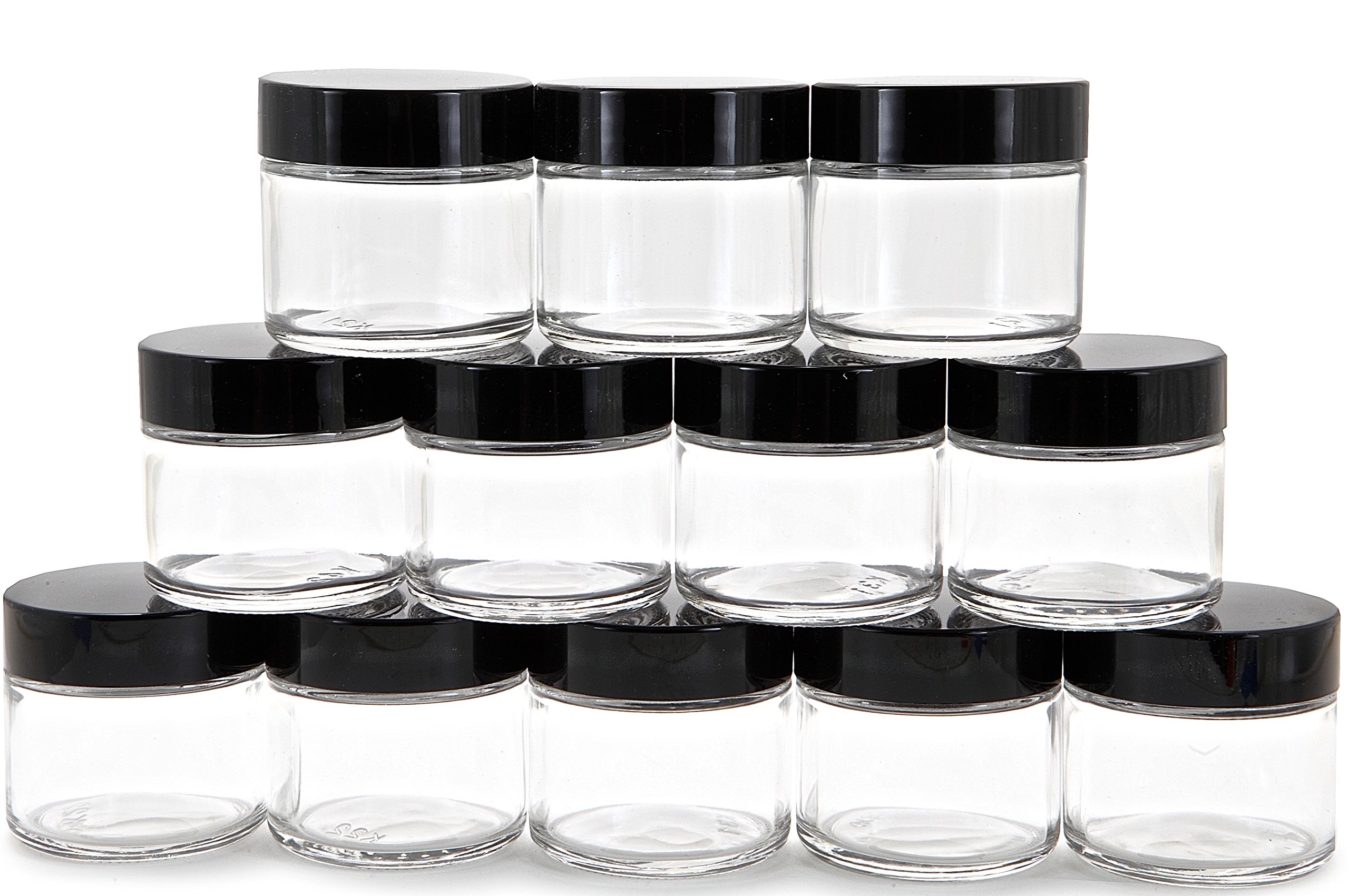 Vivaplex 12, Clear, 2 oz, Round Glass Jars, with Inner Liners and black Lids
