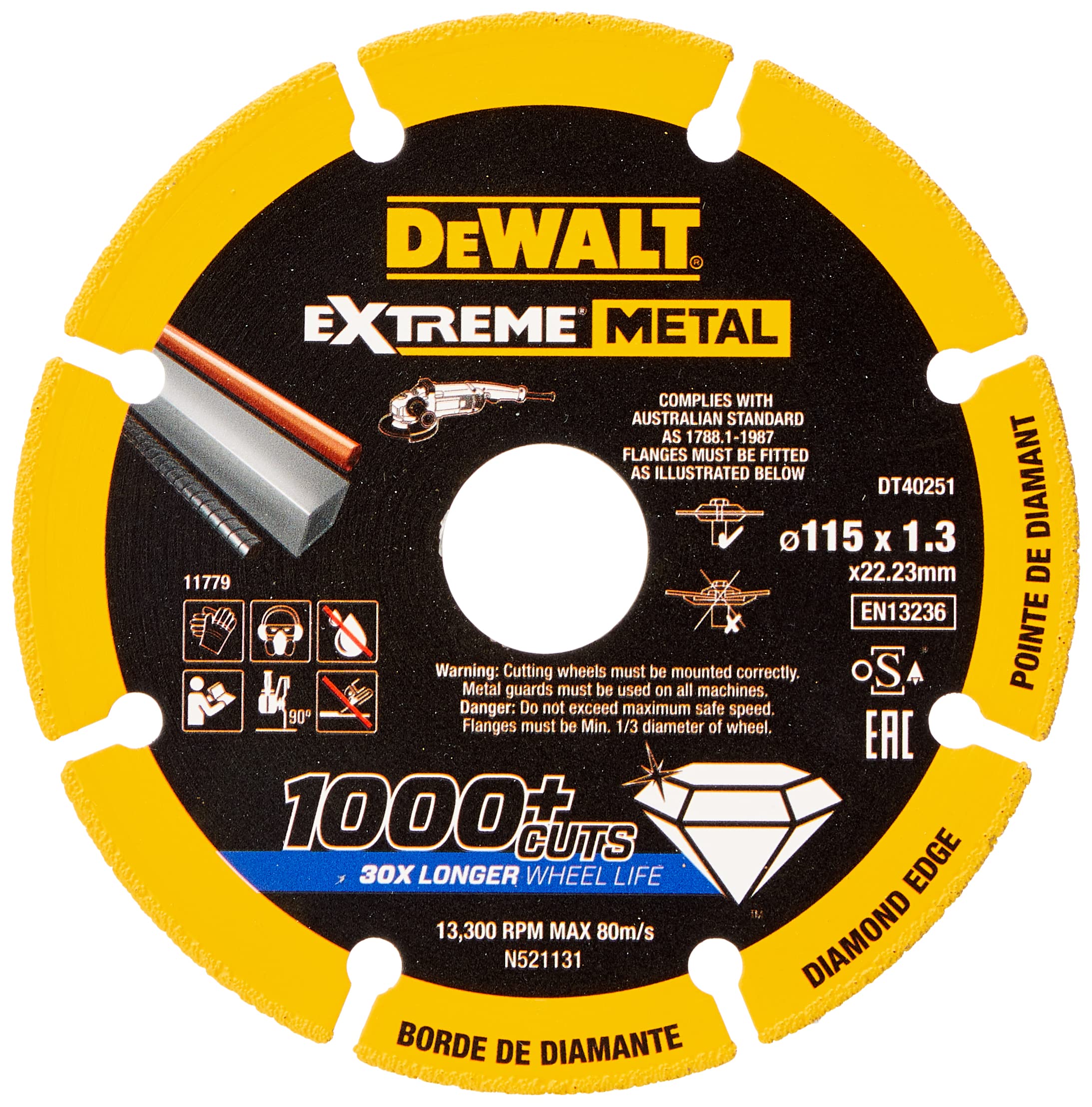 DEWALT DT40251-QZ - Disco de Corte con borde diamantado Extreme Metal 115x1.3x22.3mm, Yellow