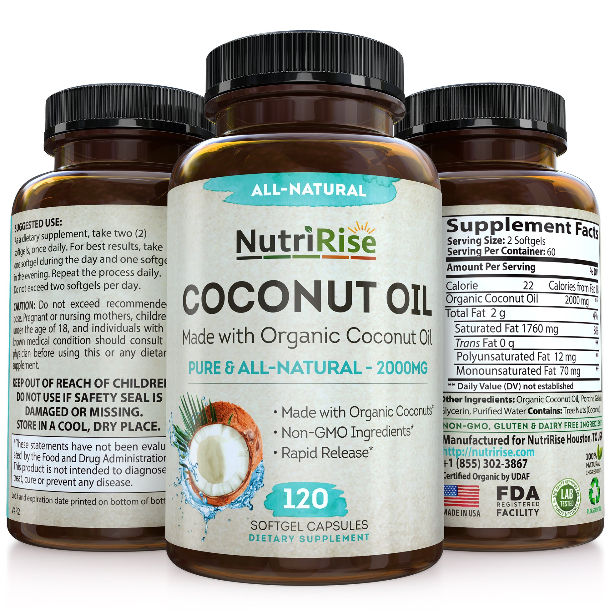Coconut Oil Capsules 2000 MG. 100 Pure Extra Virgin Coconut Oil