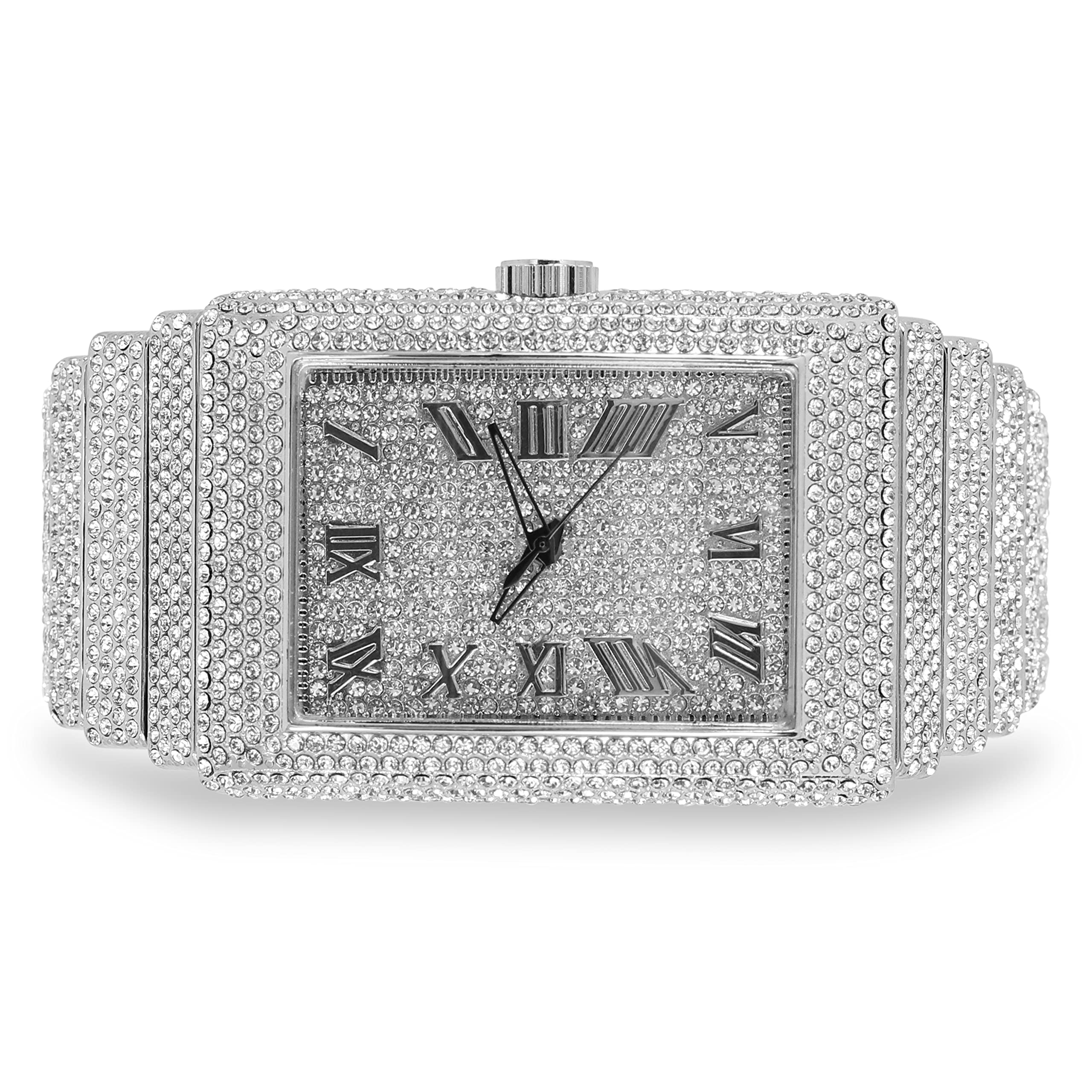 Men's Iced Diamond Watch with Stunning Crystals,Bling-ed Dial with Roman Hour Indicators,Rectangle Case,Fully Adjustable Metal Band,14k Gold Tone & Silver Tone Finish, SILVER, mens-standard, Casual