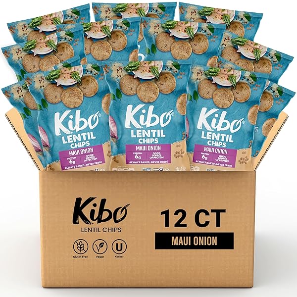 KIBO LENTIL CHIPS MAUI ONION FLAVOR – GLUTEN-FREE, HIGH PROTEIN-FIBER, NON-GMO, PLANT-BASED, MADE WITH REAL VEGGIES – 28G, 12 PACK