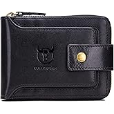 BULLCAPTAIN Mens Genuine Leather Zipper Wallet RFID Blocking Bifold Zip Around Multi Credit Card Holder (black)