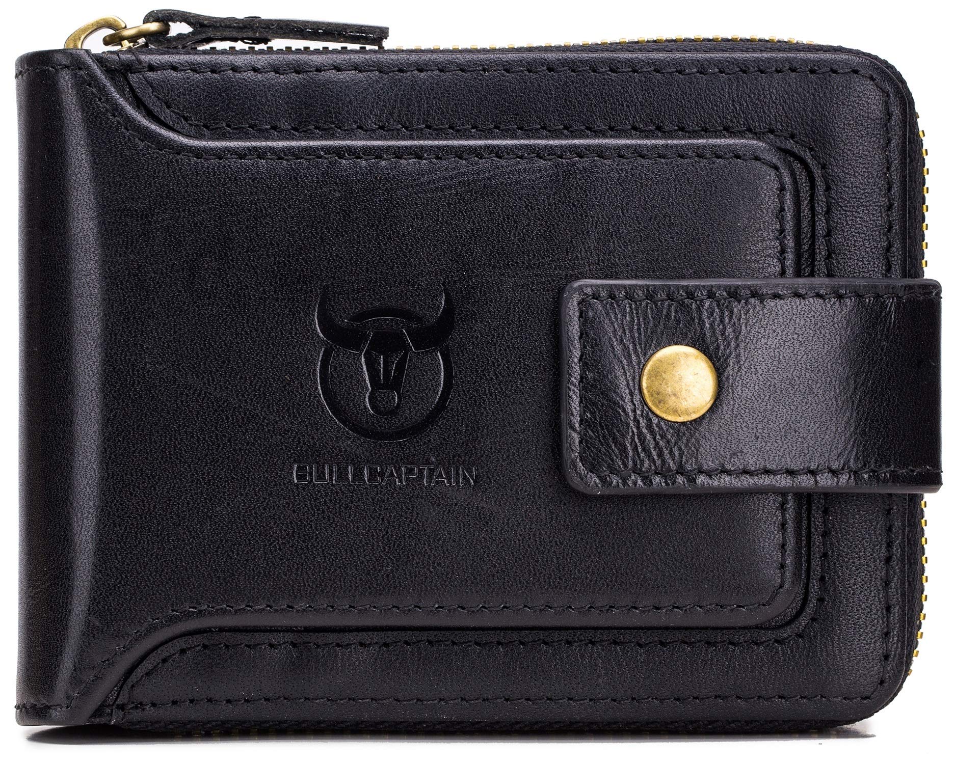 BULLCAPTAIN Mens Genuine Leather Zipper Wallet RFID Blocking Bifold Zip Around Multi Credit Card Holder, black, M, Rfid Wallet โ image 1