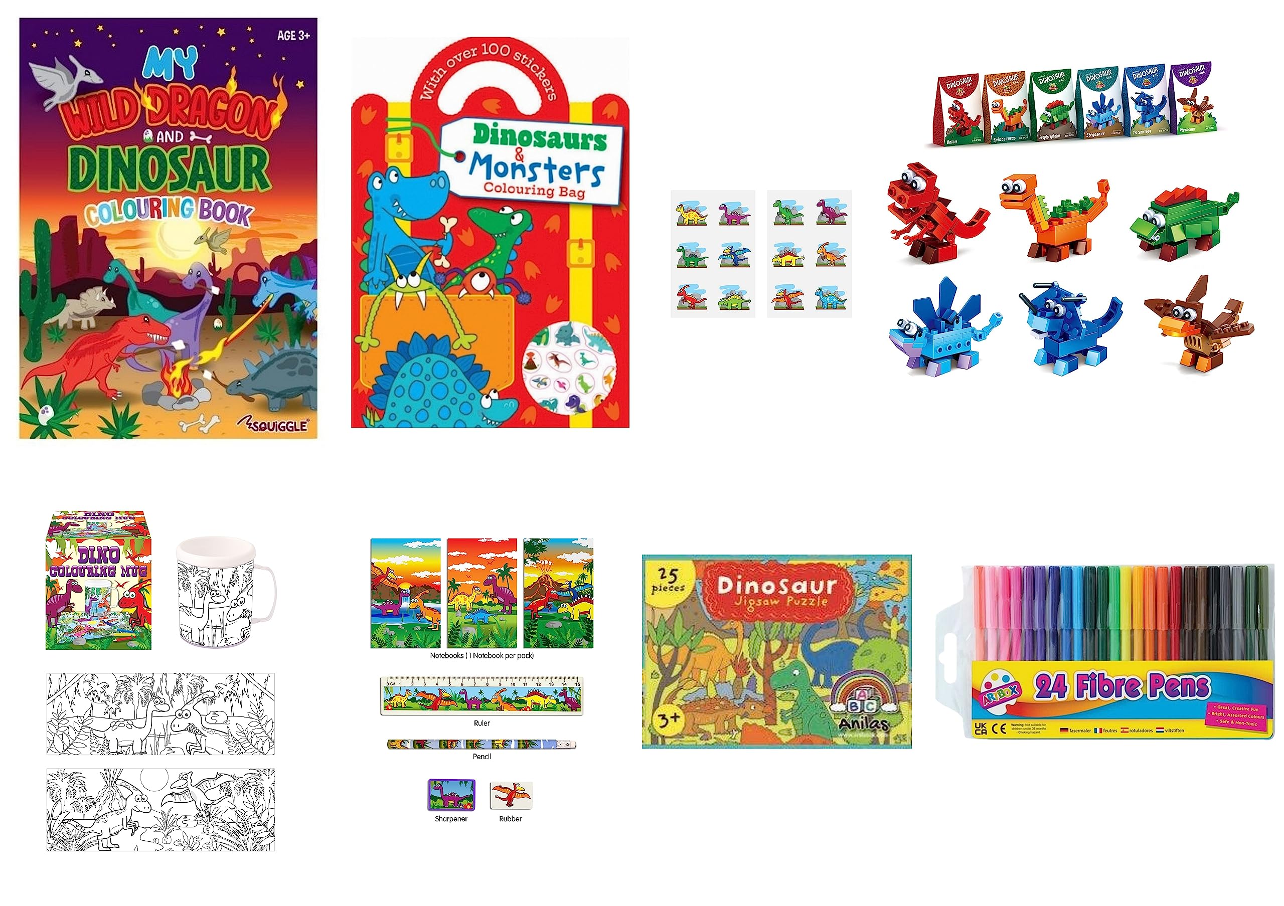 Anila's Dinosaur Activity Set with Colouring, Sticker & Activity Books, Puzzle, Tattoos, Colouring Mug, Construction Building Set, Stationery & Felt Tips. (Perfect for Ages 4-8)