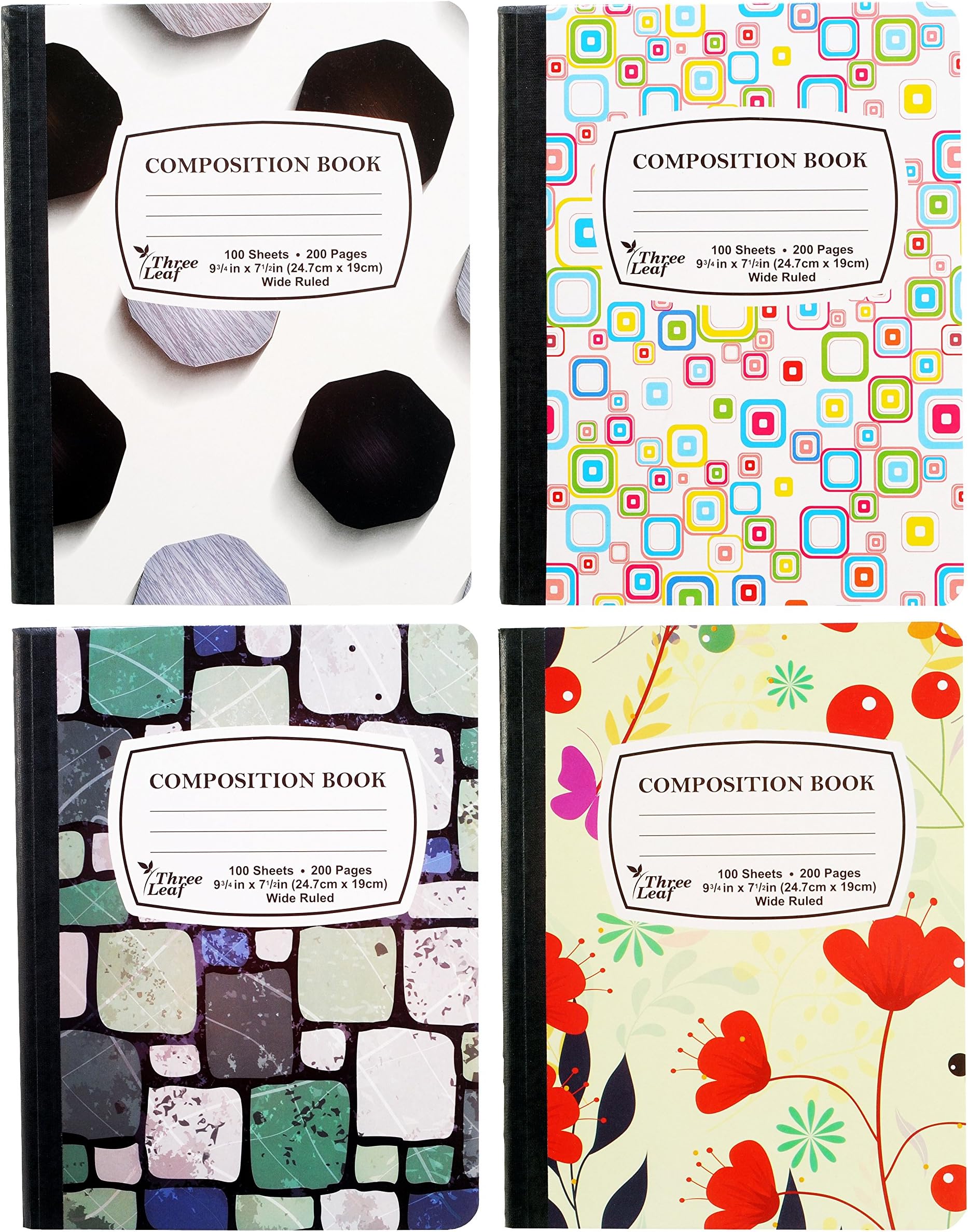 4-Pack Composition Notebook, 9-3/4" x 7-1/2", Wide Ruled, 100 Sheet (200 Pages), Weekly Class Schedule and Multiplication/Conversion Tables on Covers - Styles: Tiles, Flowers, Shapes, Spots (4-Pack)