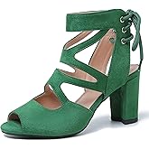 fereshte Women's Lace-Up Gladiator Sandals, Block Heel Open Toe Strappy Shoes