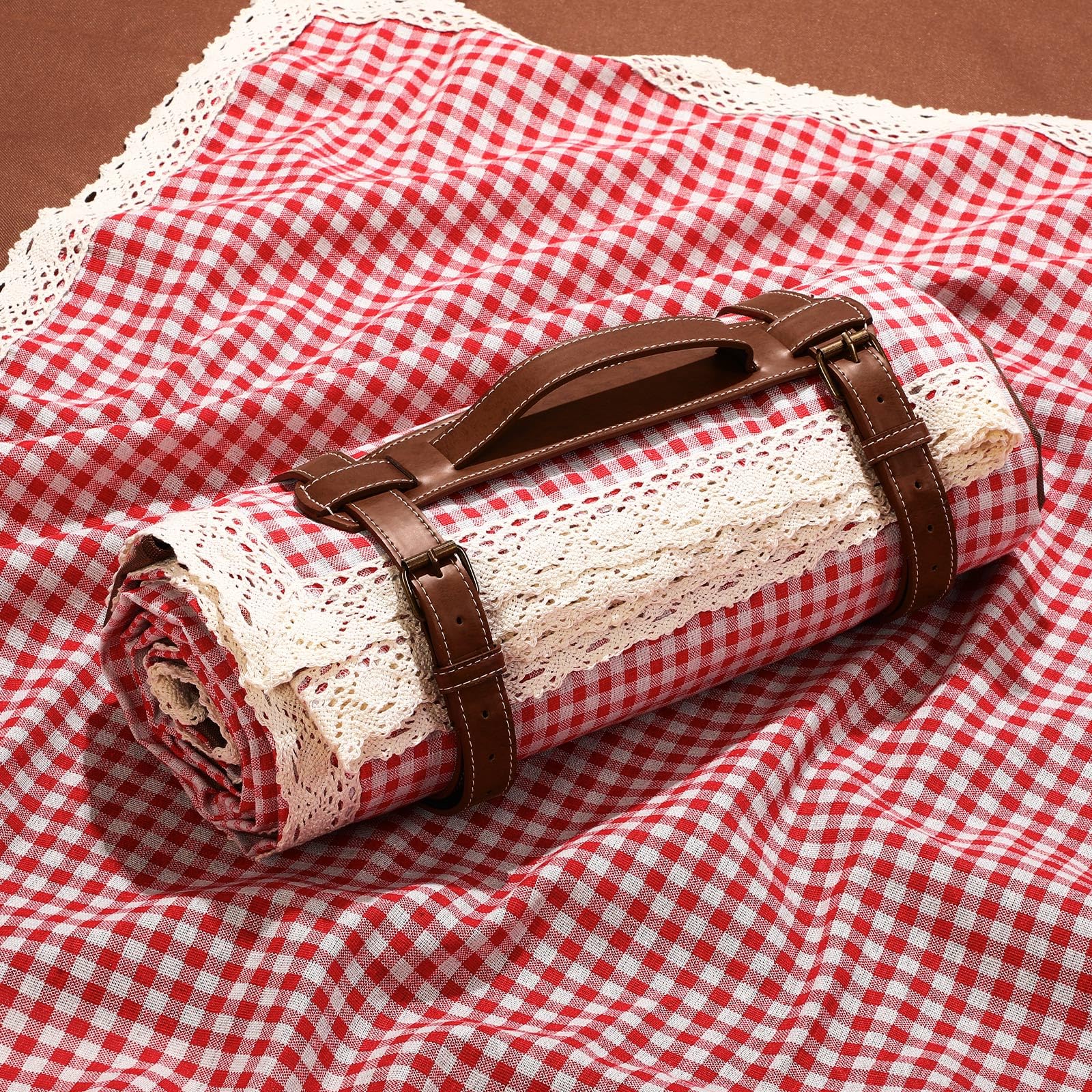 Photo 1 of VitalCozy Waterproof Picnic Blankets 59 x 78in Outdoor Blanket Foldable 2 in 1 Double Layer Sandproof Beach Mat with Carry Strap for Camping Lawn Park Beach Grass(Red White)