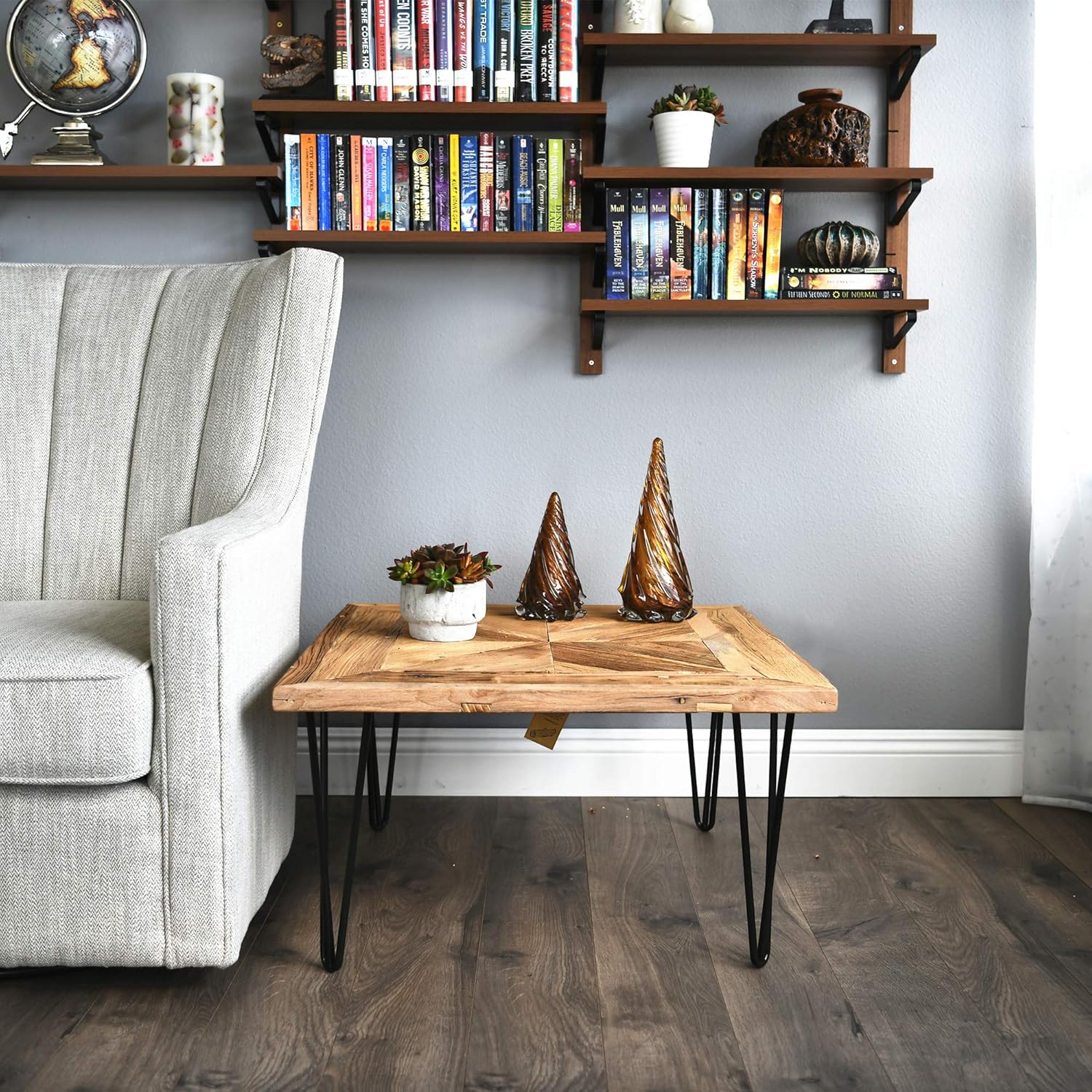 WELLAND Square Old Elm Coffee Table with Metal Stand,Diamond Shape Pattern: Kitchen & Dining
