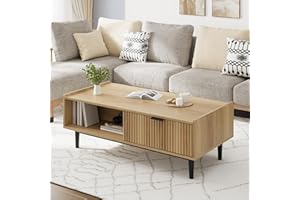 42.5" Coffee Table, Center Table with Drawer and Open Shelf, Fluted Design, Easy Assembly, Light Wood Cocktail Table for Livi