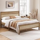 SICOTAS Rattan Queen Bed Frame with Tall Headboard, 15 Inch Natural Solid Wood Platform Bed Boho Bedframe with Wooden Slats Support & Under Bed Storage, Noise Free, Easy Assembly, Oak