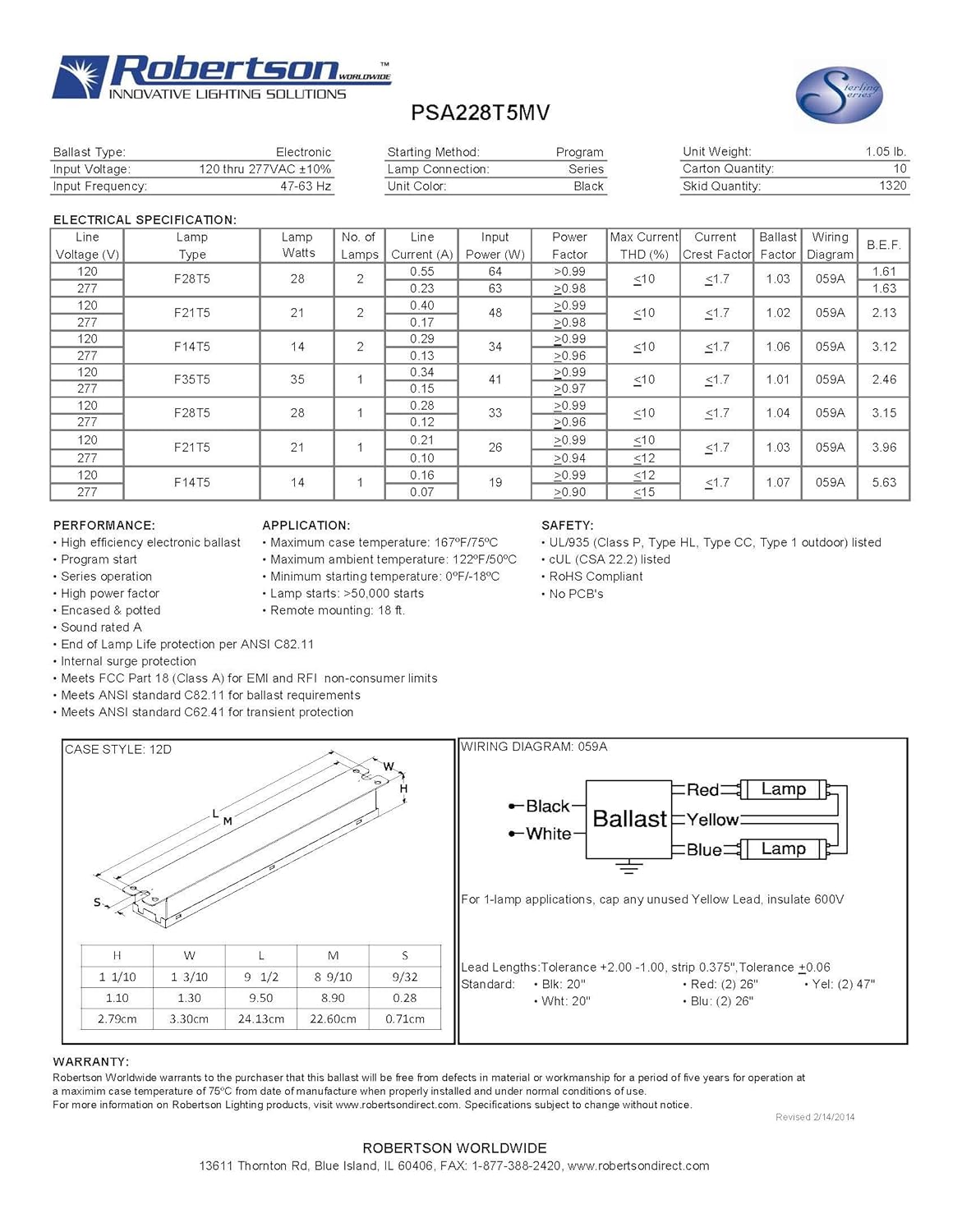 120277Vac 5060Hz Normal Ballast Factor Model PSA228T5MV AH Program