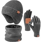Sofier Winter Hat Fleece Lined Beanie with Earflap Neck Warmer Scarf Touchscreen Gloves Warm Knit Set for Men Women