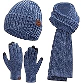 Womens Winter Knit Warm Hat Beanie Long Scarf Touch Screen Gloves Set Skull Caps Neck Scarves for Women