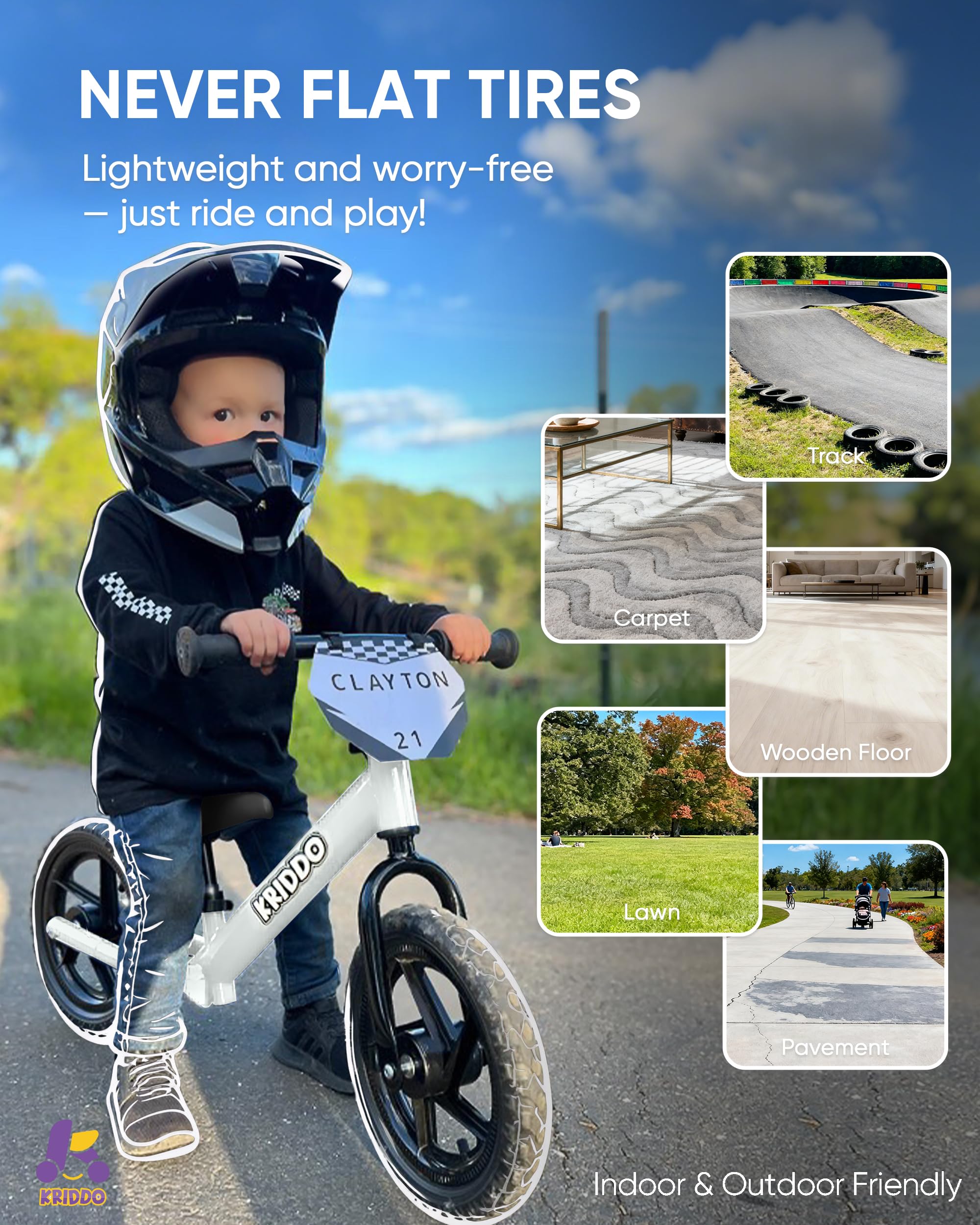 KRIDDO Balance Bike 2 Year Old, Toddler Toys for 2-3 Year Old Boys & Girls, 12 Inch Toddler Bike with Custom Name Plate & 3 Sticker Sets, Gift for Early Riders, White