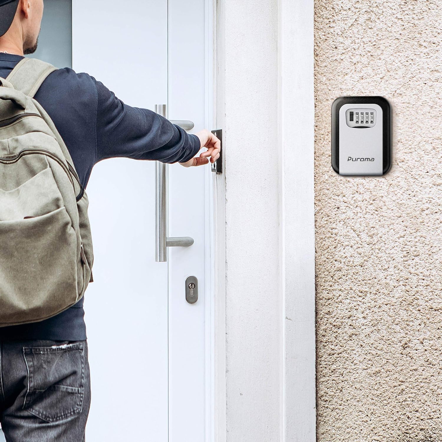 Puroma Security Key Lock Box, 4-Digit Combination Waterproof Portable Key Storage Lockbox Wall Mount 5 Key Large Capacity for House Key, Special Car Key, ID Card (Black & Gray) : Office Products