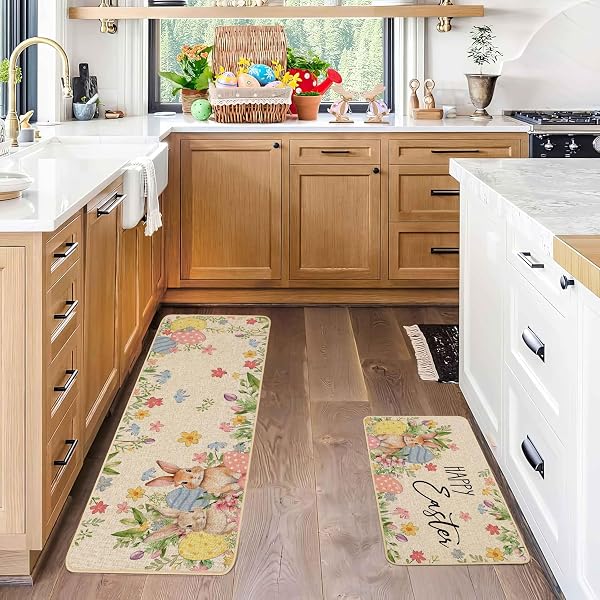 BACCESSOR HAPPY EASTER KITCHEN RUGS SET OF 2, BUNNY RABBITS COLORFUL EGGS FLOWERS KITCHEN MATS FOR FLOOR LOW-PROFILE EASTER HOLIDAY PARTY HOME DECORATION 17X29 AND 17X47 INCH