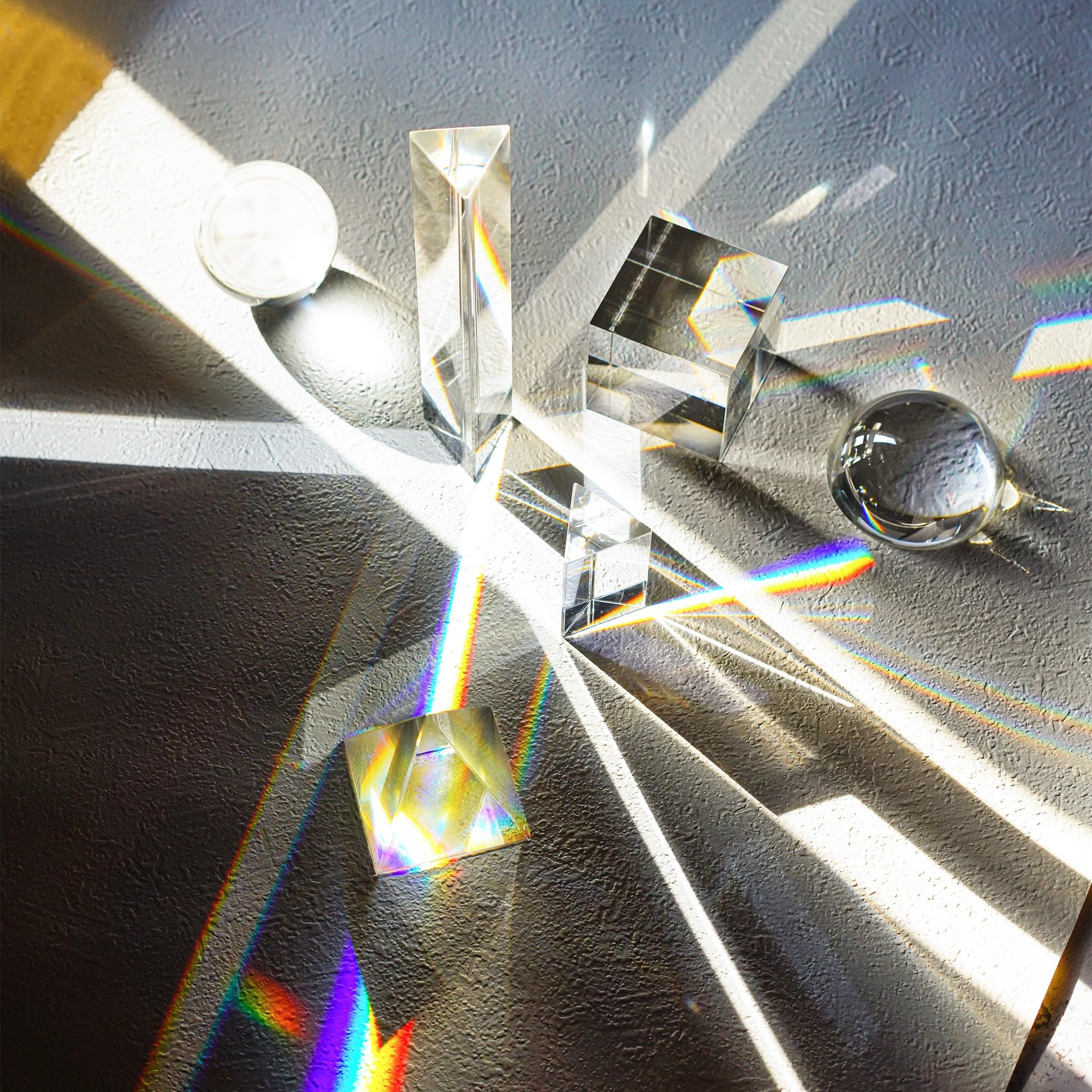 QFkris 6 Pack K9 Optical Crystal Photography Prism Set, Include 50mm Crystal Ball, Cube,Optical Pyramid, 50mm & 150mm Triangular Prism,60mm Dome Magnifying with Cloth for Teaching, Playing