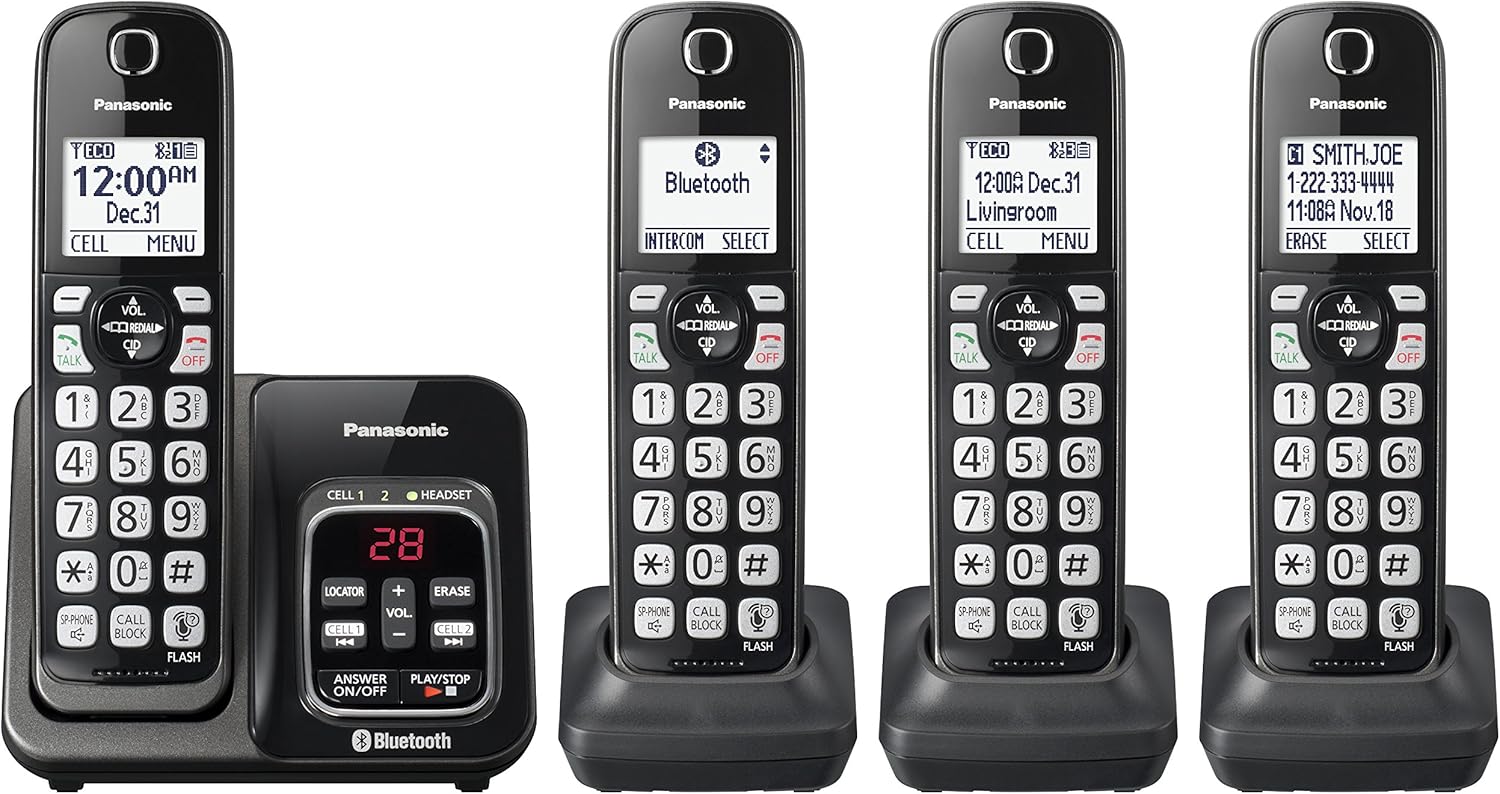 PANASONIC Expandable Cordless Phone System with Link2Cell Bluetooth, Voice Assistant, Answering Machine and Call Blocking - 4 Cordless Handsets - KX-TGD564M (Metallic Black) : Electronics