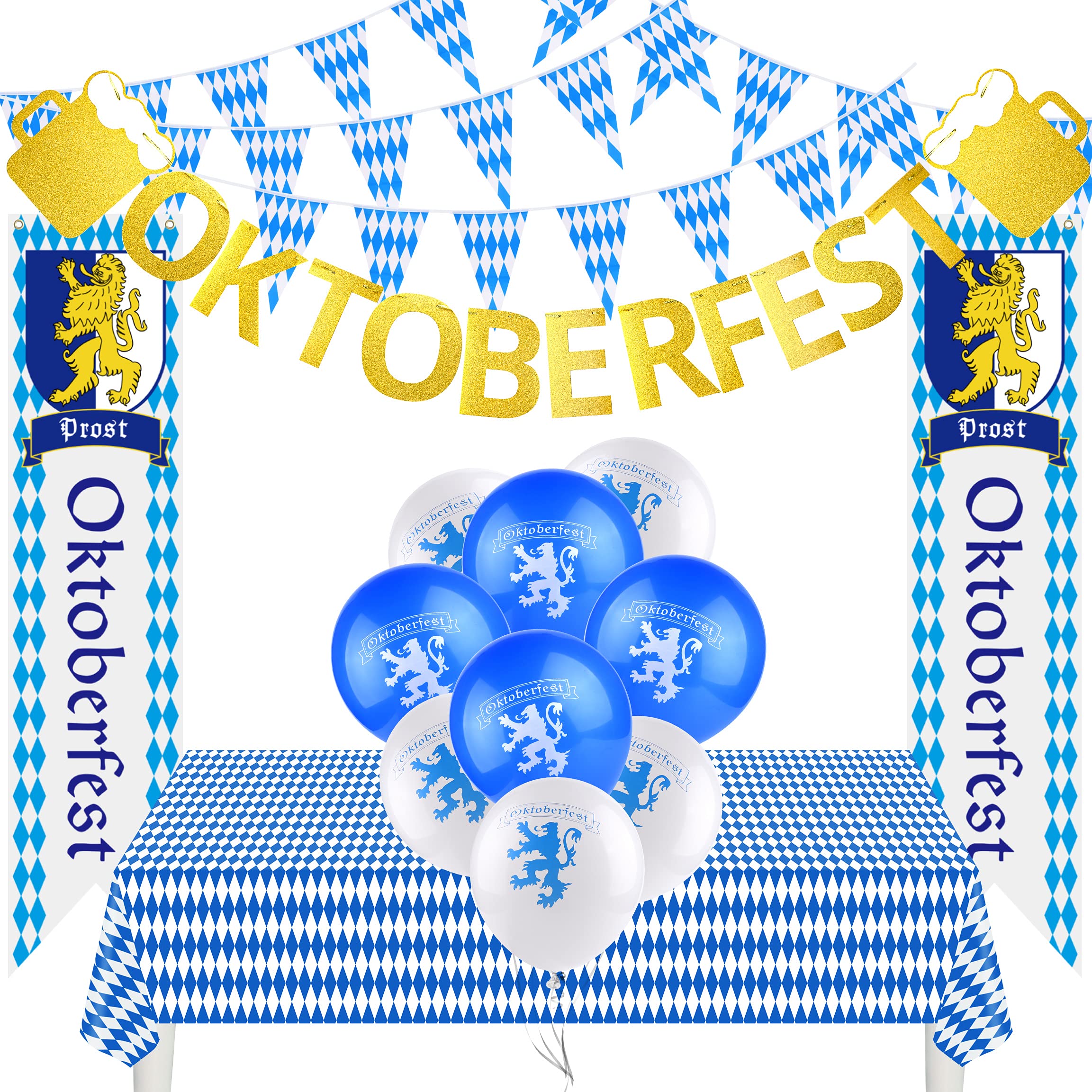 TUPARKA Oktoberfest Decorations Kit - German Party Supplies for Bavarian Decor, Includes Tablecloth, Sign, Flag, Pennant Banner