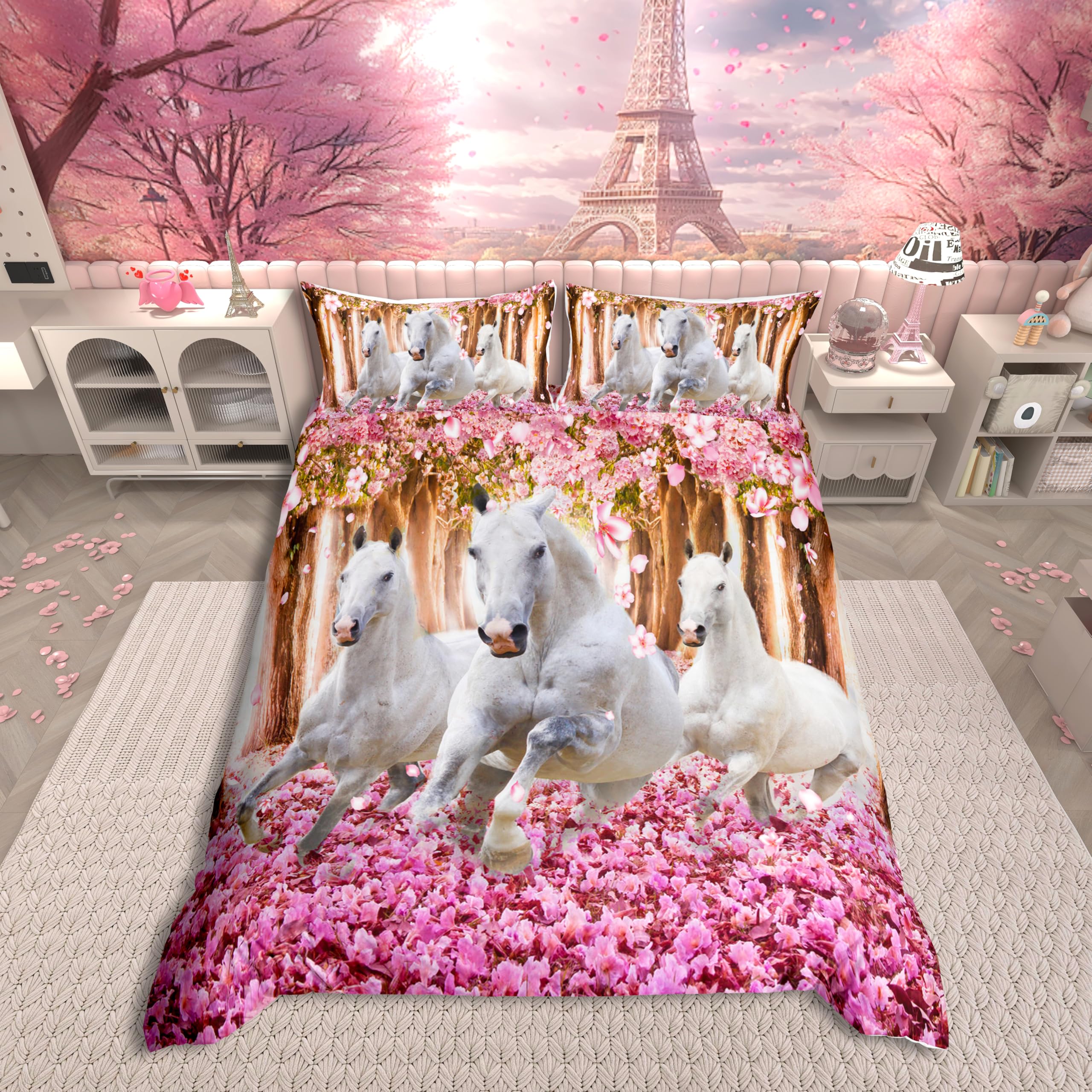 Loussiesd Horse Duvet Cover White Galloping Horse Bedding Set For Kids Boys Girls Children Pink Flowers Petal Bedding & Linen Ultra Soft Chic Wildlife Style Bedding & Linen Single Zipper