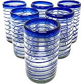 Hand Blown Mexican Drinking Glasses – Set of 6 Glasses with Cobalt Blue Spiral Design (14 oz each)