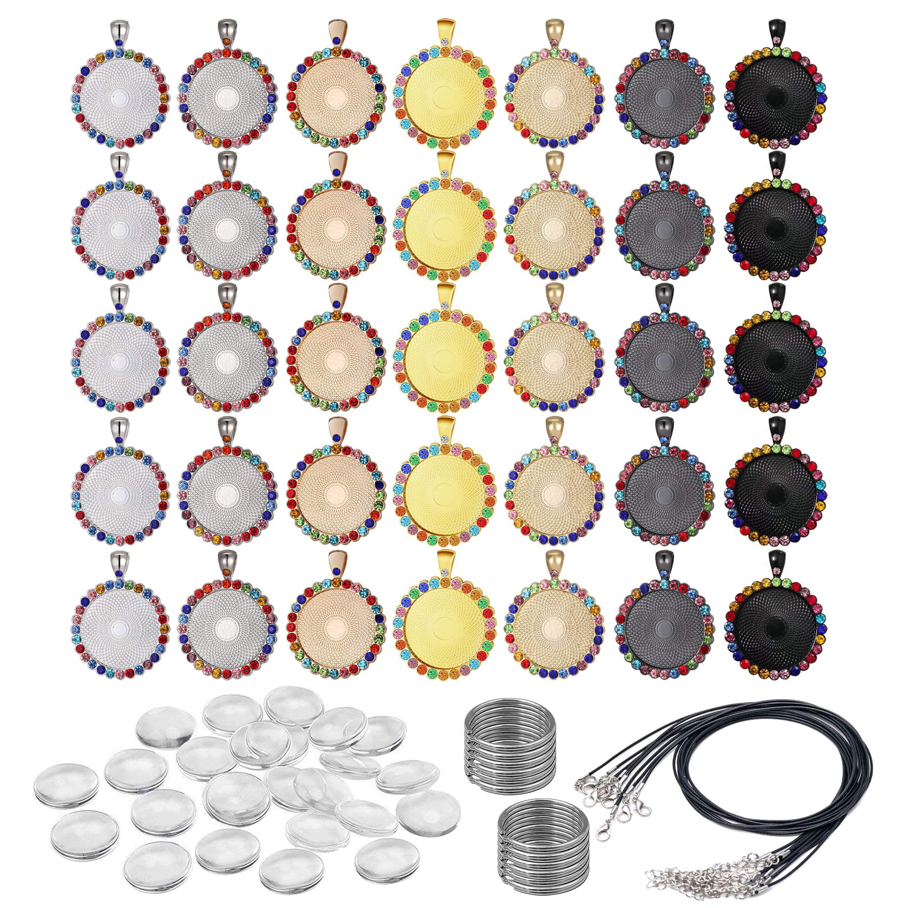 Allazone 80PCS 25MM Rhinestone Bezel Pendant Trays 30PCS Round Rhinestone Bezel Cabochon Trays with Clear Glass Cabochons, Keychain and Black Wax Rope for DIY Jewelry Crafts Making