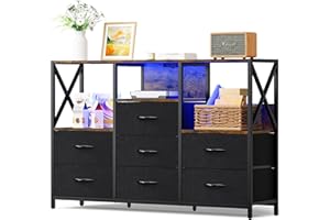 Decofy Black Dresser for Bedroom, 65 inch TV Stand with Charging Station & LED Lights, 7 Fabric Drawers with Solid Wood Top for Living Room, Closet