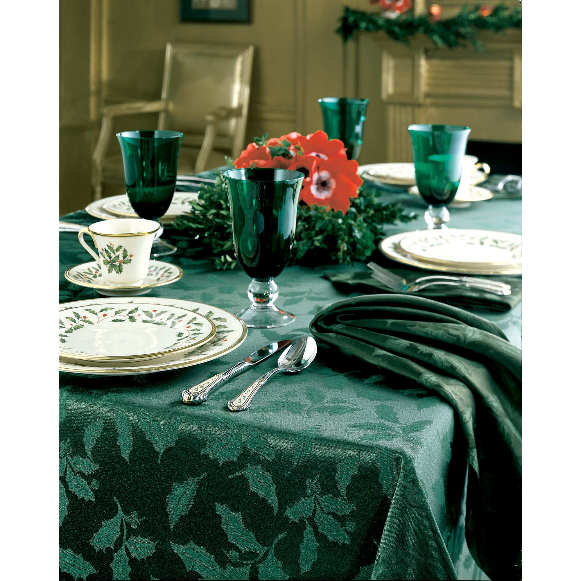 Lenox Holly Damask Tablecloth, 60 by 120Inch Oblong/Rectangle, Green