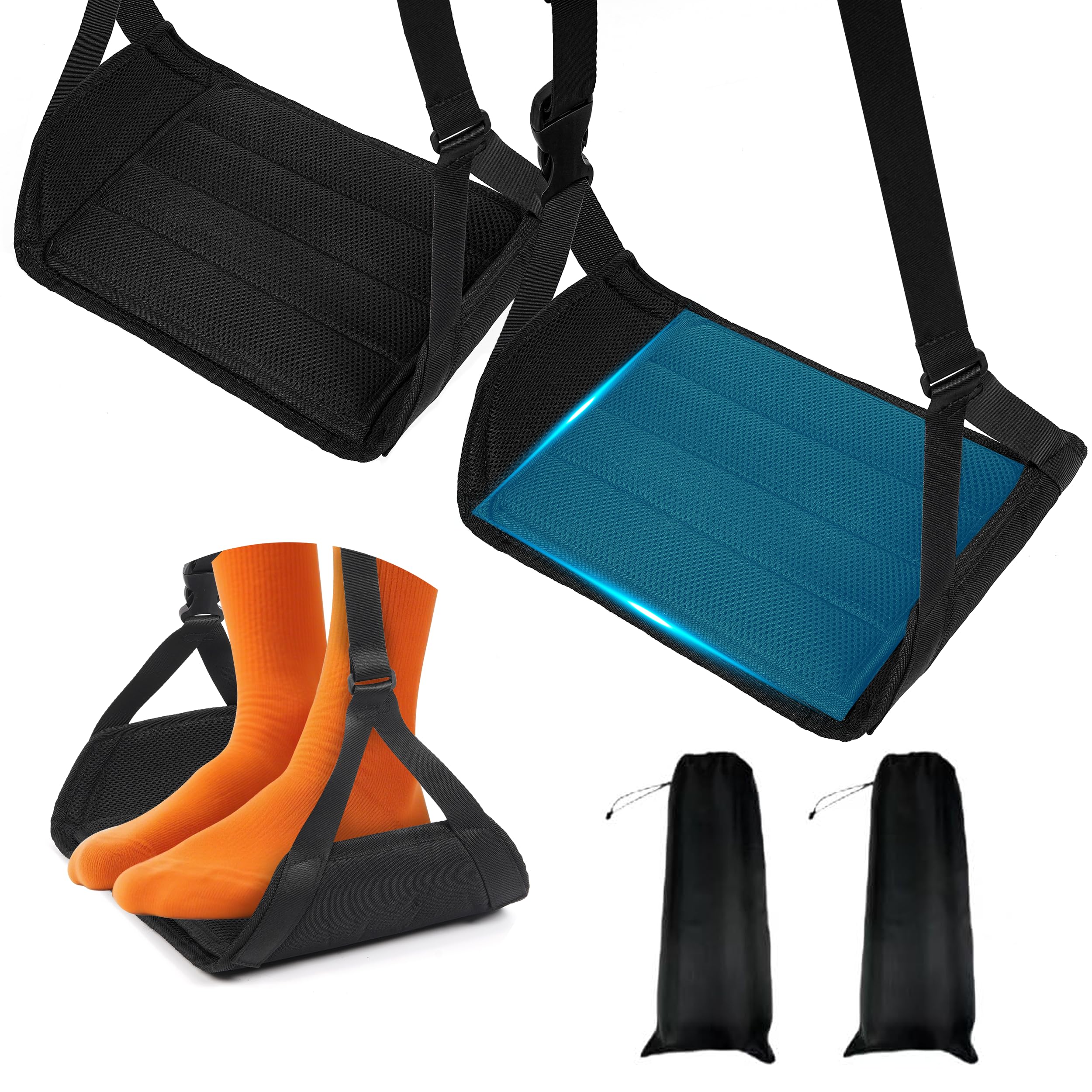 Photo 1 of 2-Pack Airplane Foot Hammock with Bamboo Board Support – Travel Footrest with Memory Foam & Adjustable Strap, Leg Hammock for Long Flights, Office, and Home Use