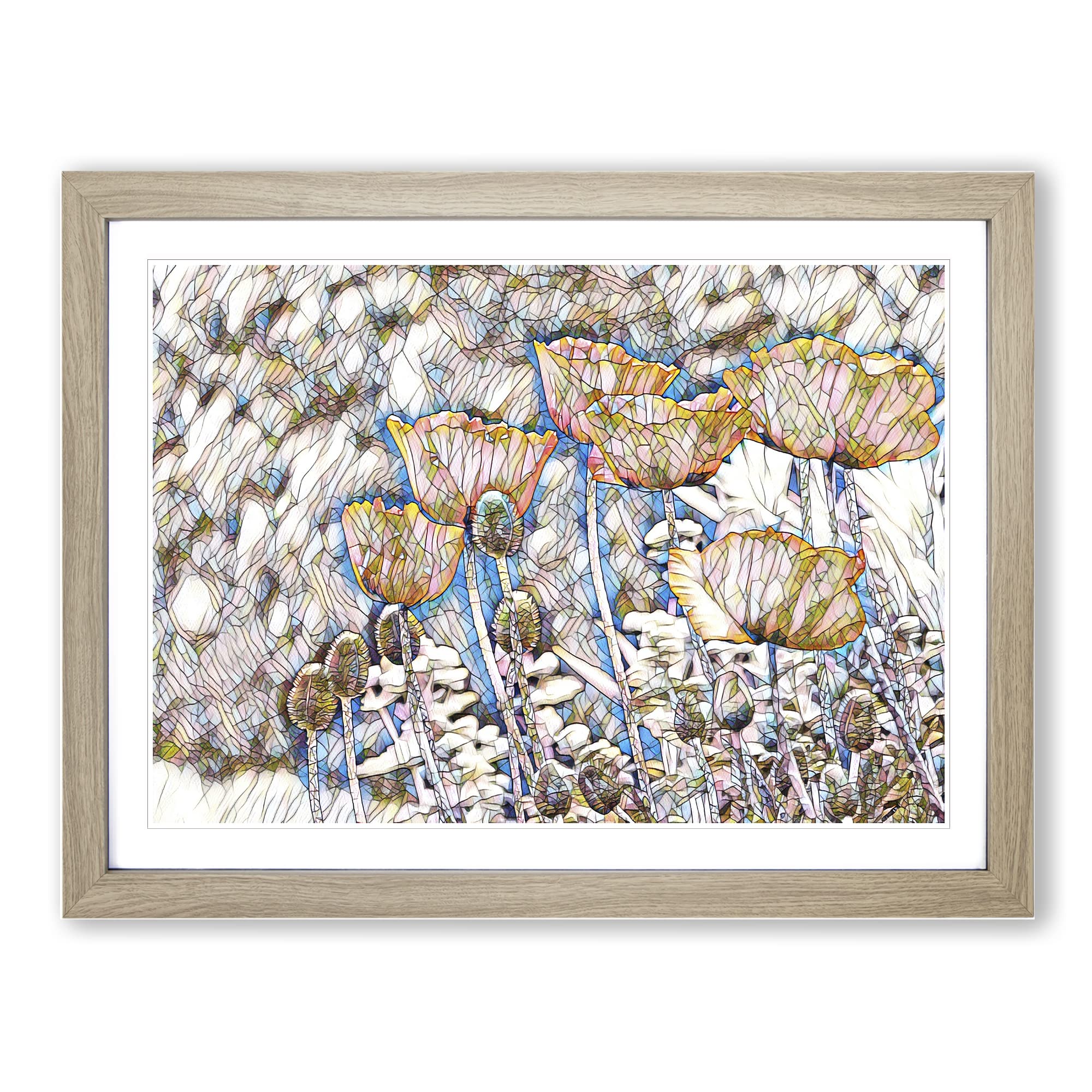 Red PModern OPpy Field Flowers No.7 Modern BG Framed Wall Art Print, Ready to Hang Picture for Living Room Bedroom Home Office Décor, Oak A4 (34 x 25 cm)